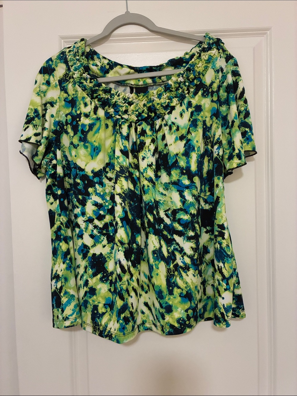 new directions Green and Blue Abstract Ruffle-Neck Blouse